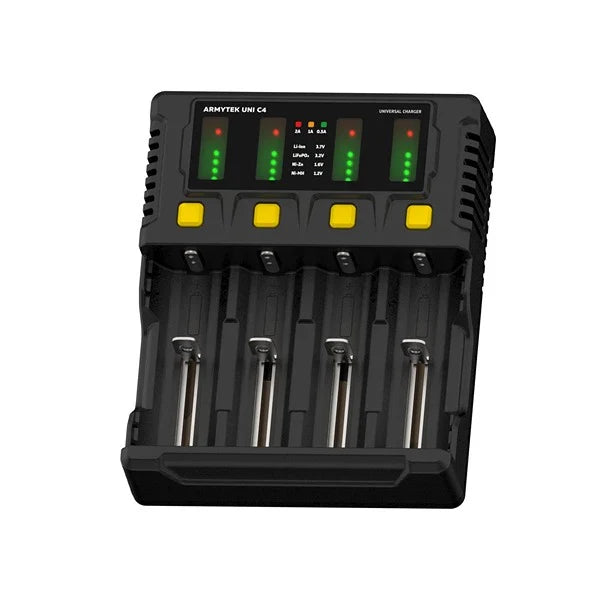 Uni C4 laddare / 4 kanaler / LED-indikering / Ingång AC 85–264V eller DC 12V / Utgång upp till 2A per kanal / för IMR/Li-Ion, Ni-MH, Ni-Cd, LiFePO4, Ni-Zn / Typ A eller Typ C / Biladapter - Armytek