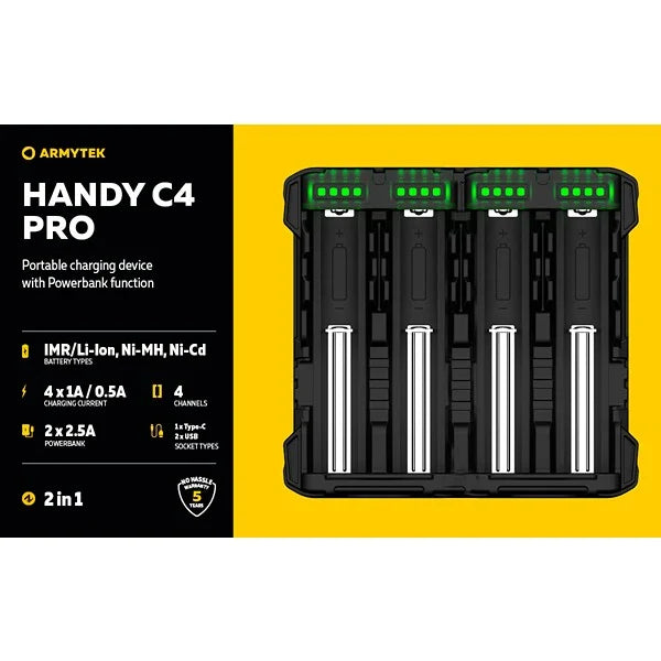 Handy C4 Pro laddare / 4 kanaler / LED-indikering / Ingång 5V USB 3.1 Type-C / Utgång 4x1A / Powerbank 2x2.5A / för IMR/Li-Ion, Ni-MH, Ni-Cd - Armytek