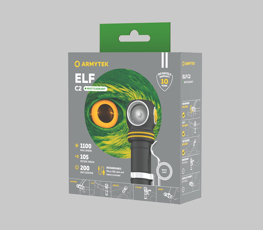 Elf C2 Micro USB Ficklampa Vit 1100 lm TIR 70°:120° 1x18650 (inkl.) - Armytek