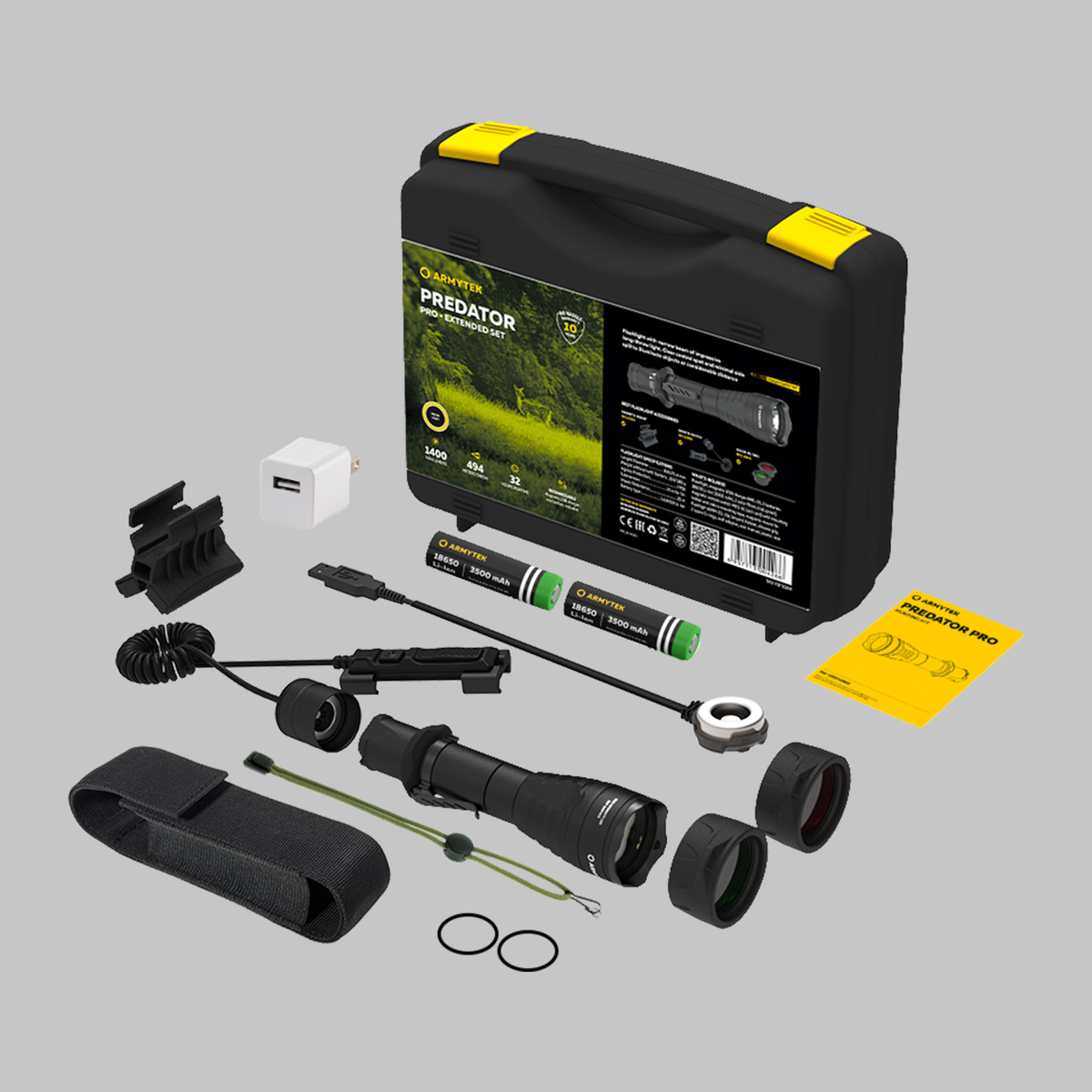 Predator Pro Extended Set / Warm / Fullt utrustat set för taktiska uppgifter: ficklampa, två 18650 Li-Ion-batterier, magnetisk USB-laddare, magnetiskt fäste, magnetisk fjärrströmbrytare, två färgfilter - Armytek
