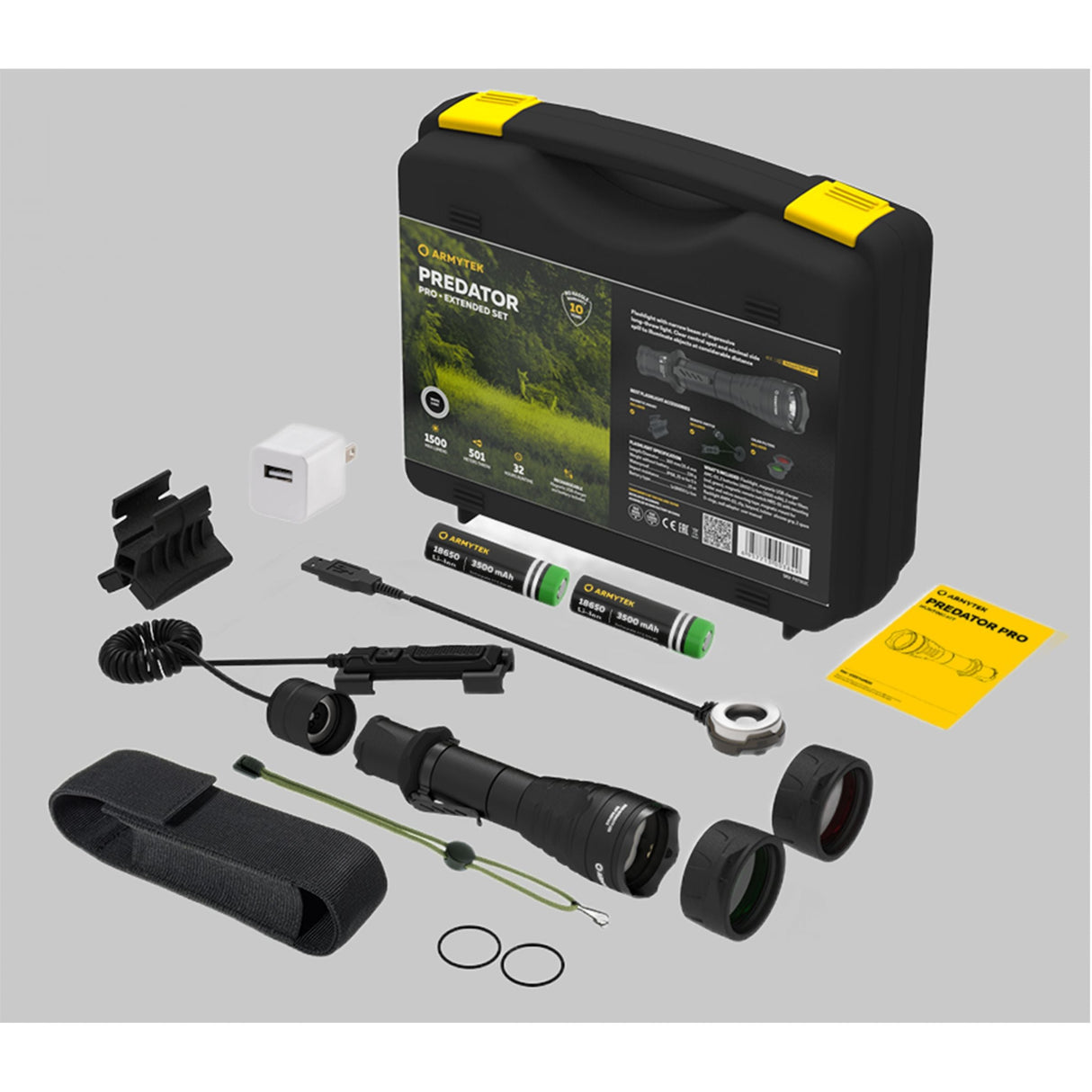 Predator Pro Extended Set / Warm / Fullt utrustat set för taktiska uppgifter: ficklampa, två 18650 Li-Ion-batterier, magnetisk USB-laddare, magnetiskt fäste, magnetisk fjärrströmbrytare, två färgfilter - Armytek