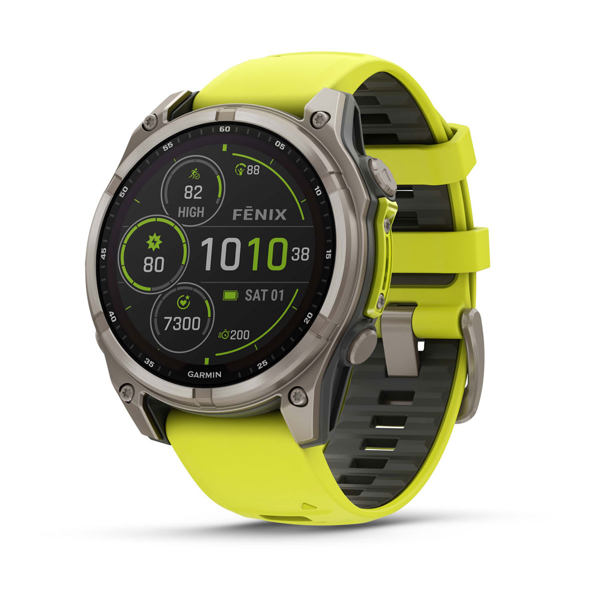 fēnix® 8 – 47 mm, Solar, Sapphire, Titanium med Amp Yellow/Graphite silikonarmband – Garmin