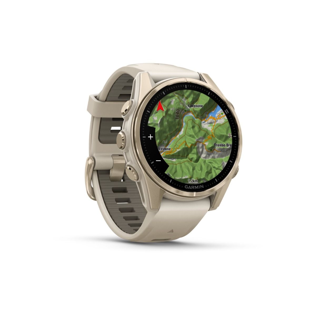 fēnix® 8 – 43 mm, AMOLED, Sapphire, Soft Gold med Fog Grey/Dark Sandstone silikonarmband – Garmin