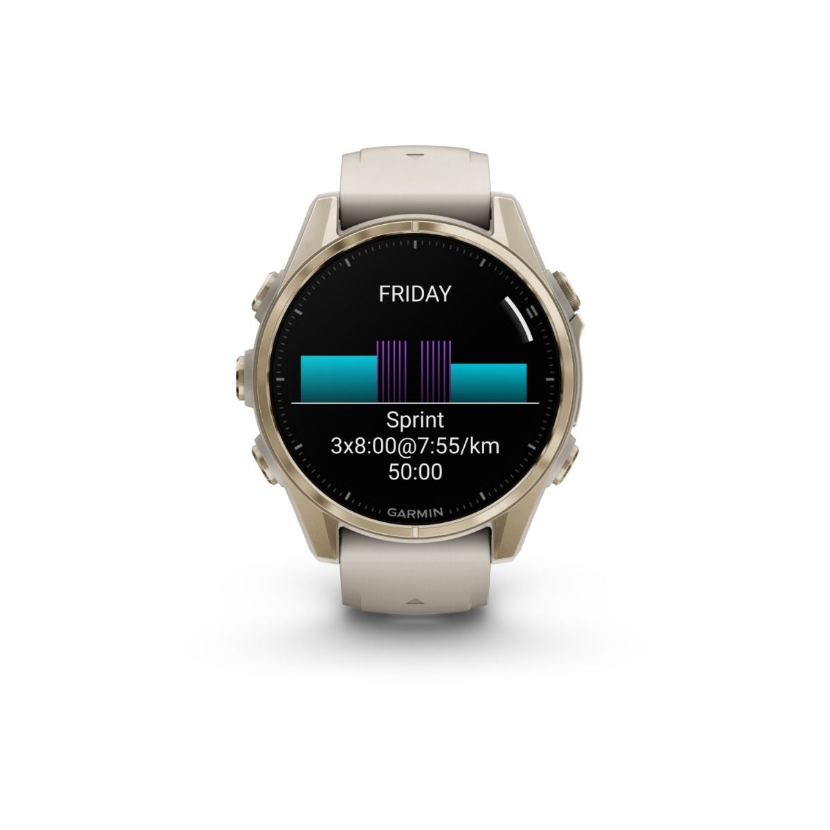 fēnix® 8 – 43 mm, AMOLED, Sapphire, Soft Gold med Fog Grey/Dark Sandstone silikonarmband – Garmin