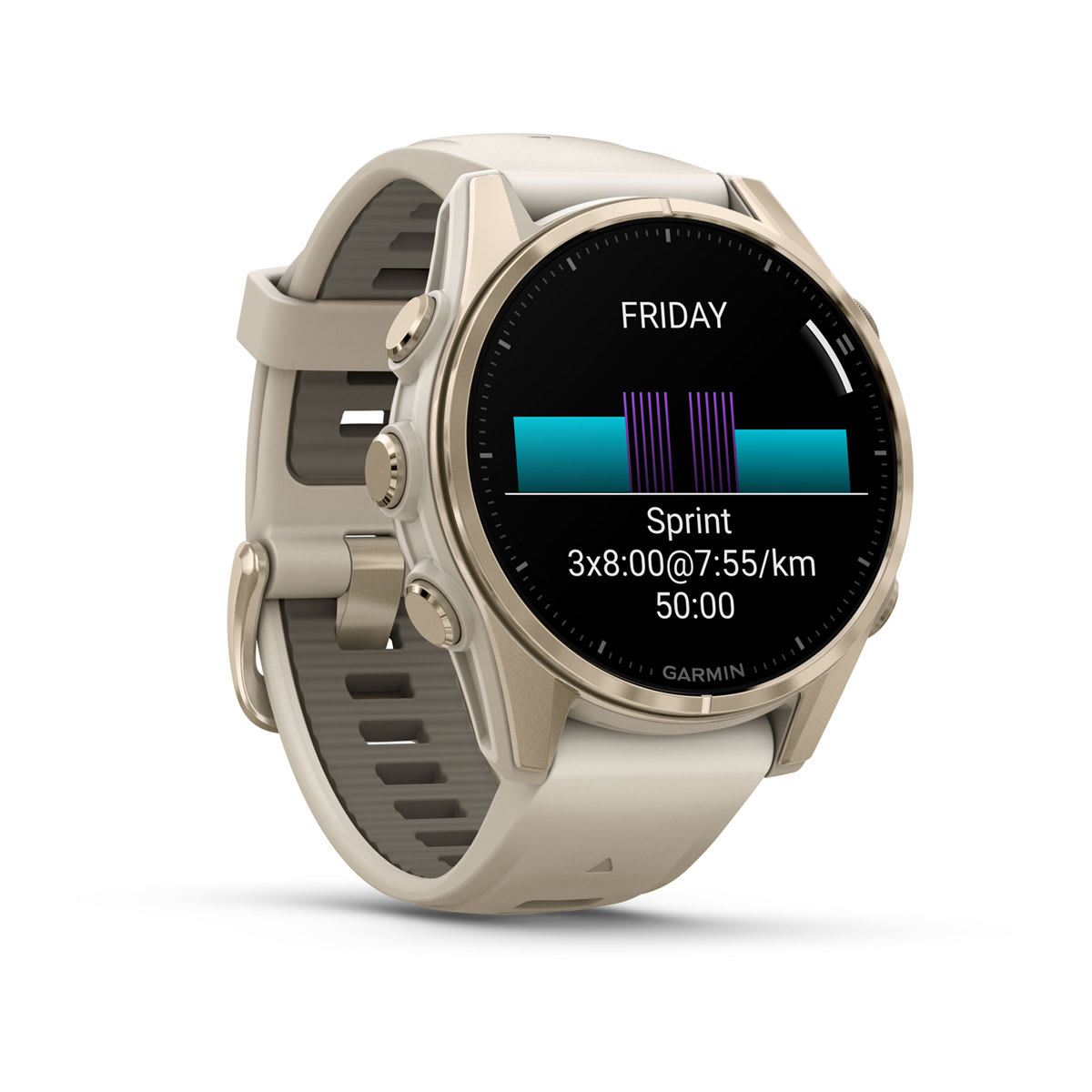 fēnix® 8 – 43 mm, AMOLED, Sapphire, Soft Gold med Fog Grey/Dark Sandstone silikonarmband – Garmin