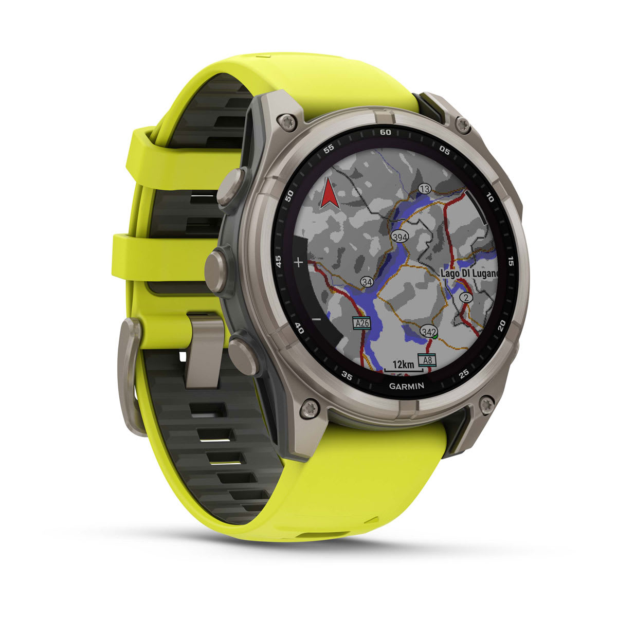 fēnix® 8 – 47 mm, Solar, Sapphire, Titanium med Amp Yellow/Graphite silikonarmband – Garmin