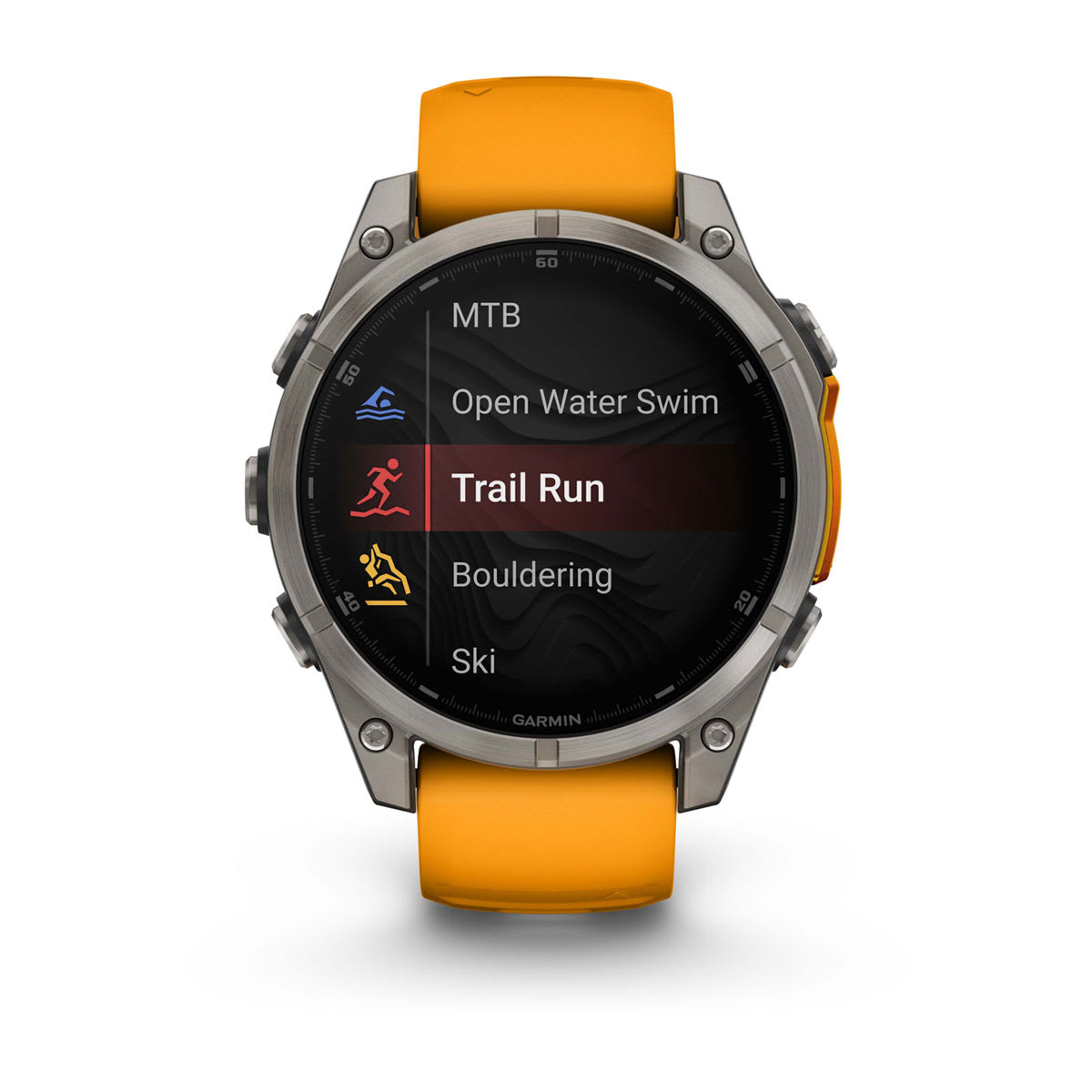 fēnix® 8 – 47 mm, AMOLED, Sapphire, Titanium med Spark Orange/Graphite silikonarmband – Garmin
