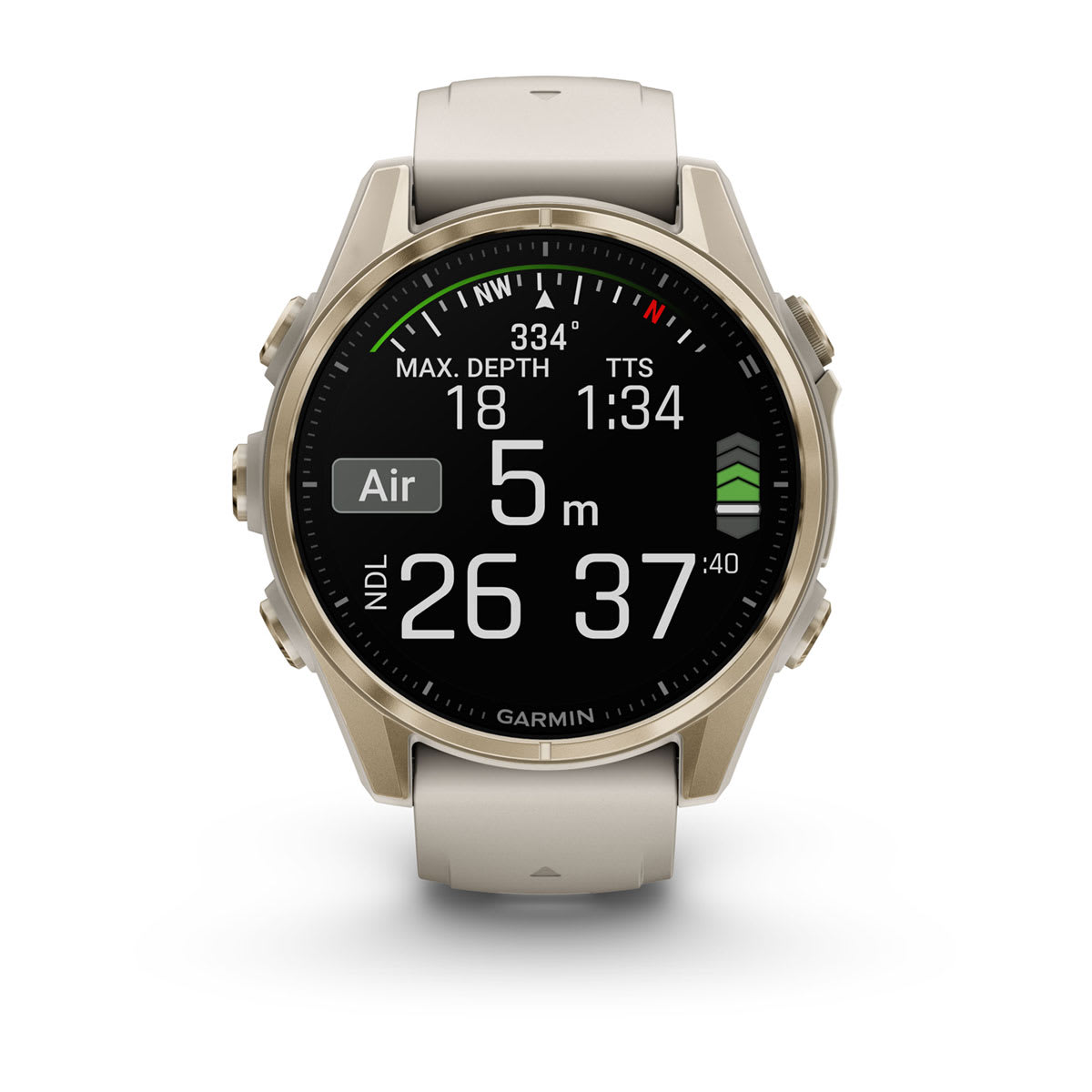 fēnix® 8 – 43 mm, AMOLED, Sapphire, Soft Gold med Fog Grey/Dark Sandstone silikonarmband – Garmin
