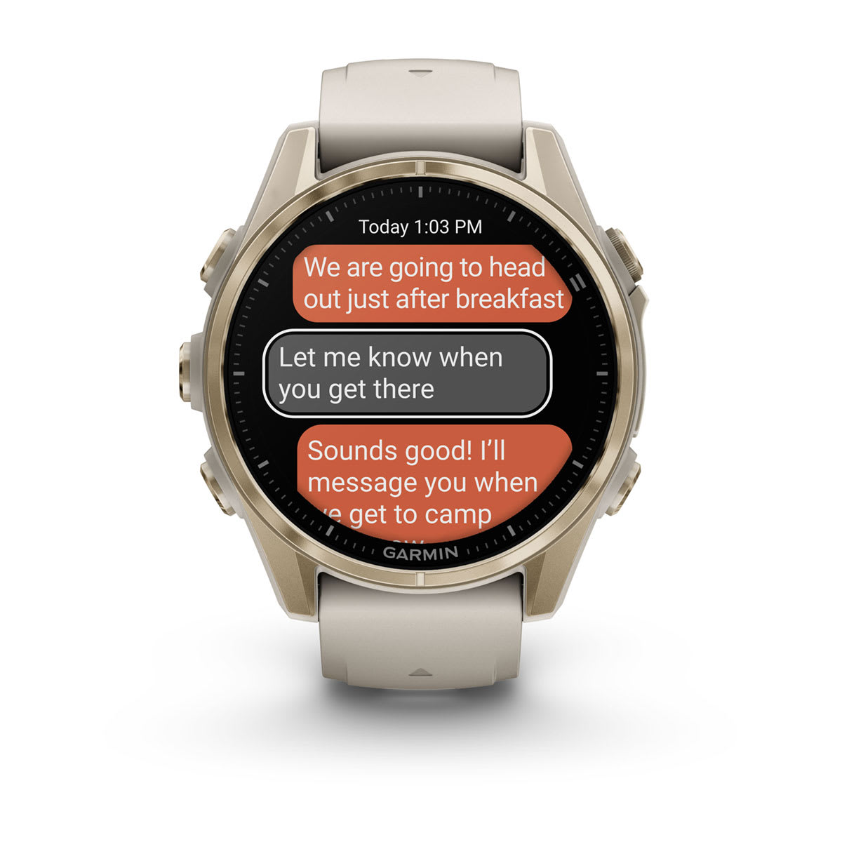 fēnix® 8 – 43 mm, AMOLED, Sapphire, Soft Gold med Fog Grey/Dark Sandstone silikonarmband – Garmin