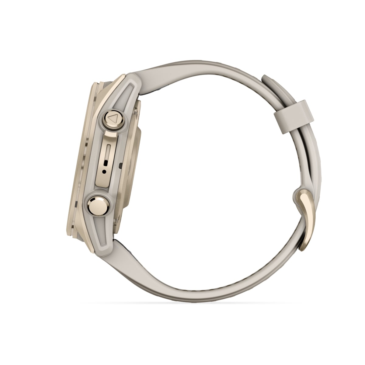 fēnix® 8 – 43 mm, AMOLED, Sapphire, Soft Gold med Fog Grey/Dark Sandstone silikonarmband – Garmin