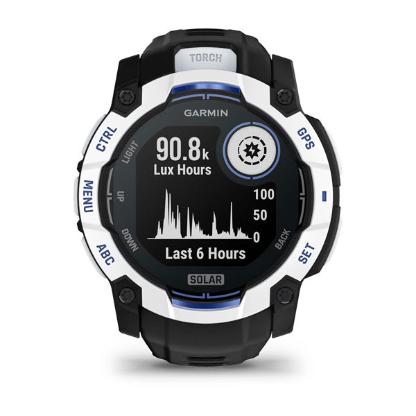 Instinct® 3 – 50 mm, Solar, Whitestone med Svart/Bolt Blue rem – Garmin