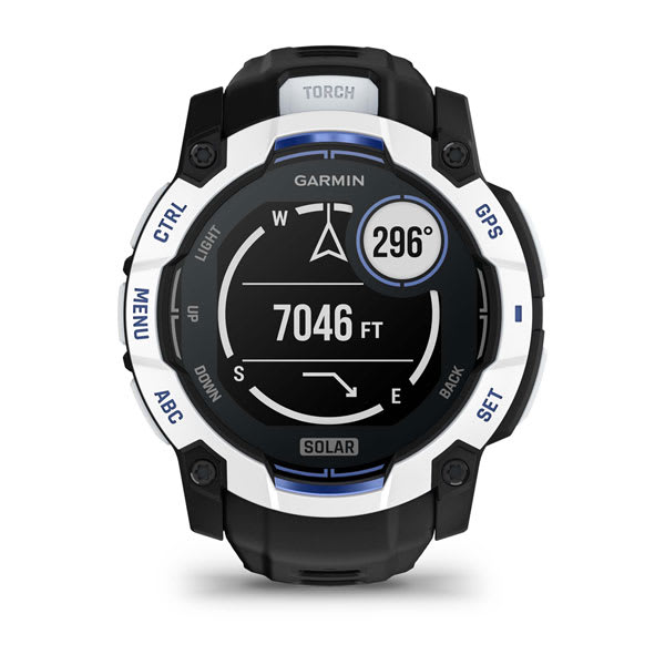 Instinct® 3 – 50 mm, Solar, Whitestone med Svart/Bolt Blue rem – Garmin
