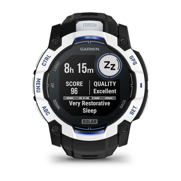 Instinct® 3 – 50 mm, Solar, Whitestone med Svart/Bolt Blue rem – Garmin