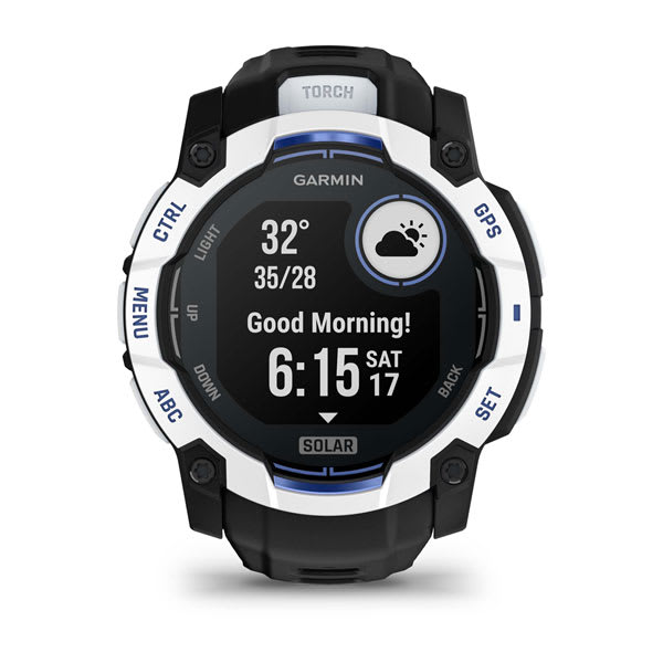 Instinct® 3 – 50 mm, Solar, Whitestone med Svart/Bolt Blue rem – Garmin