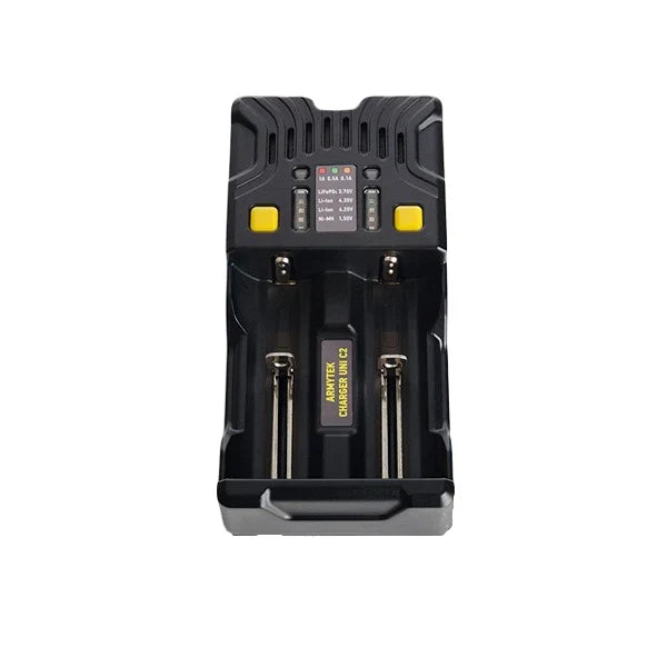 Uni C2 Laddare / 2ch / LED-indikering / Ingång AC 85-264V eller DC 12V / Utgång 2x1A / för IMR/Li-Ion, Ni-MH, Ni-Cd, LiFePO4, Ni-Zn / Typ A eller Typ C / Biladapter - Armytek