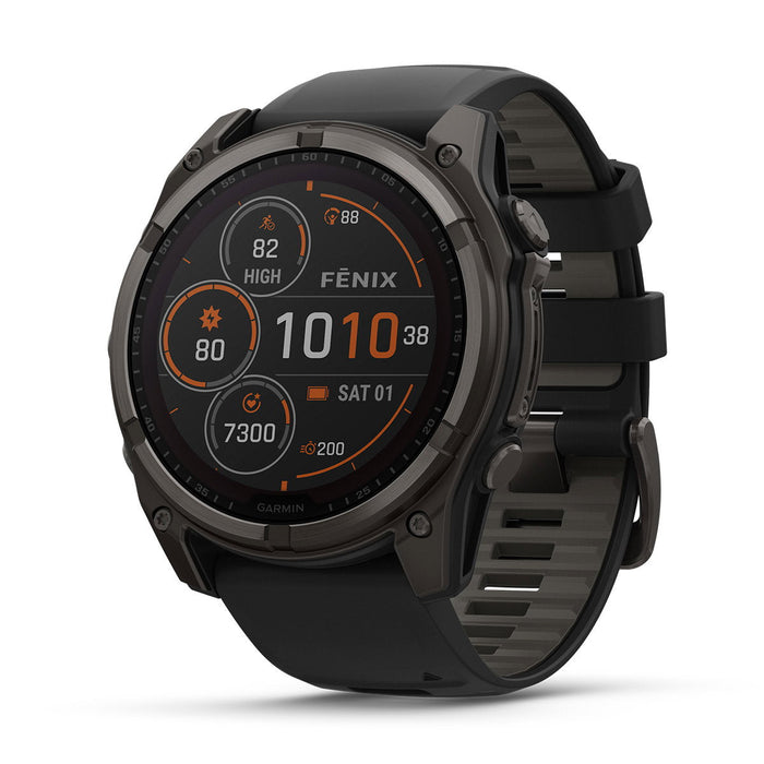 fēnix® 8 – 47 mm, Solar, Sapphire, Carbon Grey DLC-titanium med sort/Pebble Grey silikonerem 1