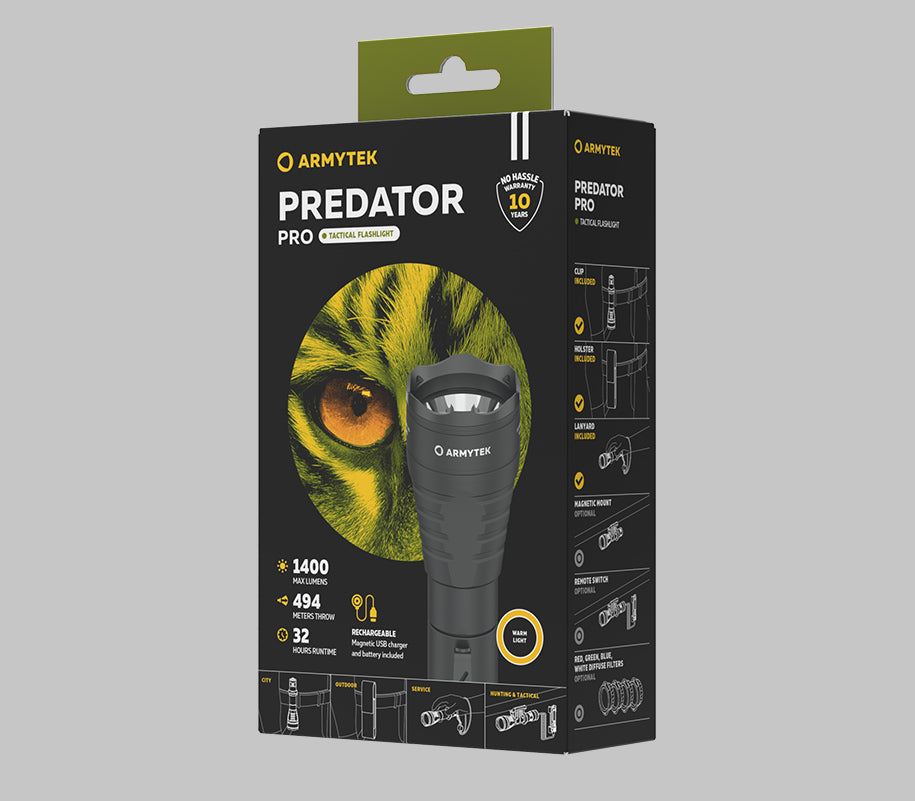 Predator Pro Magnet USB / Varm / 1400 lm / 5°:40° / 1x18650 (inkl.) - Armytek
