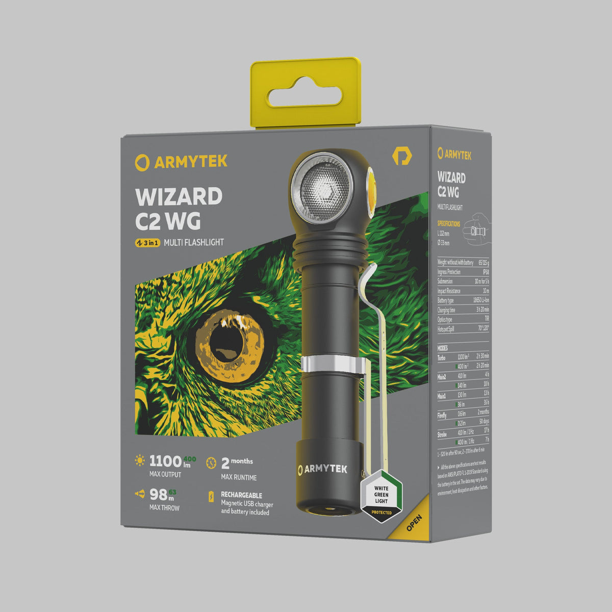 Wizard C2 WG Magnet USB / Vit & Grön / 1100 lm & 400 lm / TIR 70°:120° / 1x18650 (inkl.) - Armytek