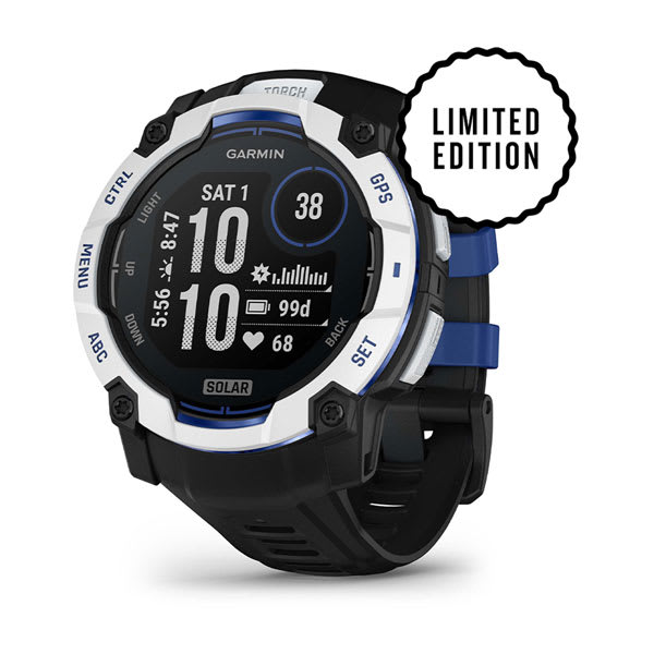 Instinct® 3 – 50 mm, Solar, Whitestone med Svart/Bolt Blue rem – Garmin