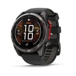 fēnix® 8 Pro – 51 mm, MicroLED, Sapphire, Carbon Grey DLC-titanium med Svart/Pebble Grey silikonarmband – Garmin