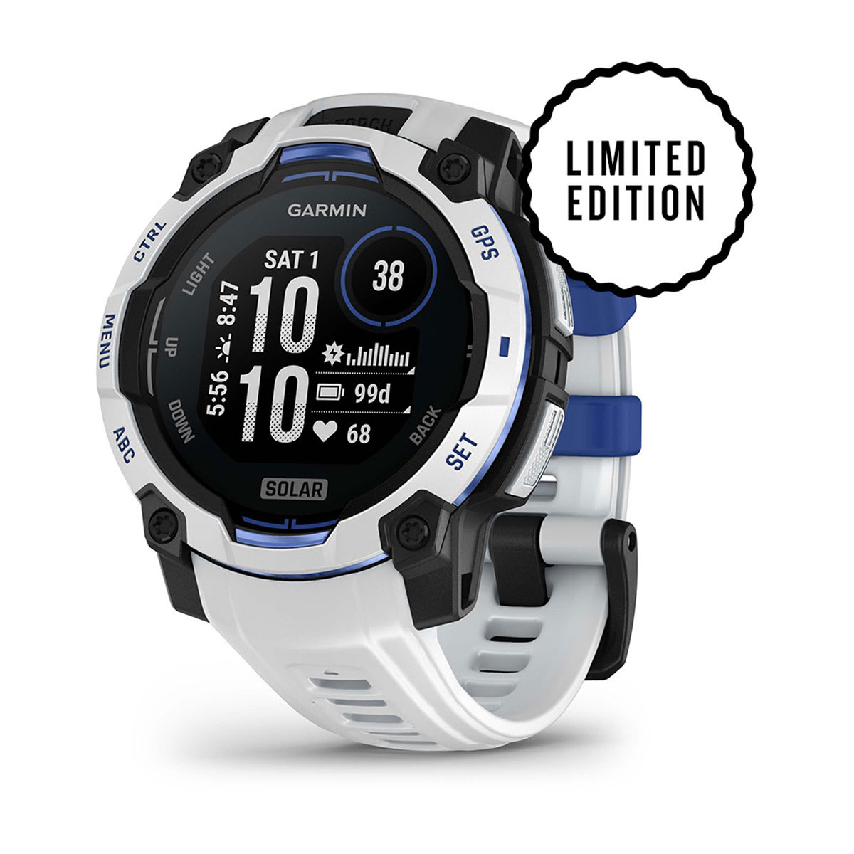 Instinct® 3 – 45 mm, Solar, Whitestone med Whitestone/Bolt Blue rem – Garmin