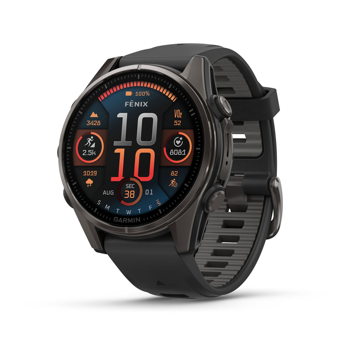 fēnix® 8 – 43 mm, AMOLED, Sapphire, Carbon Grey DLC-titanium med Svart/Pebble Grey silikonarmband – Garmin