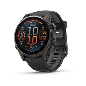 fēnix® 8 – 43 mm, AMOLED, Sapphire, Carbon Grey DLC-titanium med Svart/Pebble Grey silikonarmband – Garmin