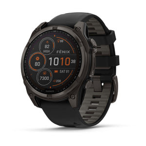 fēnix® 8 – 47 mm, Solar, Sapphire, Carbon Grey DLC-titanium med Svart/Pebble Grey silikonrem – Garmin