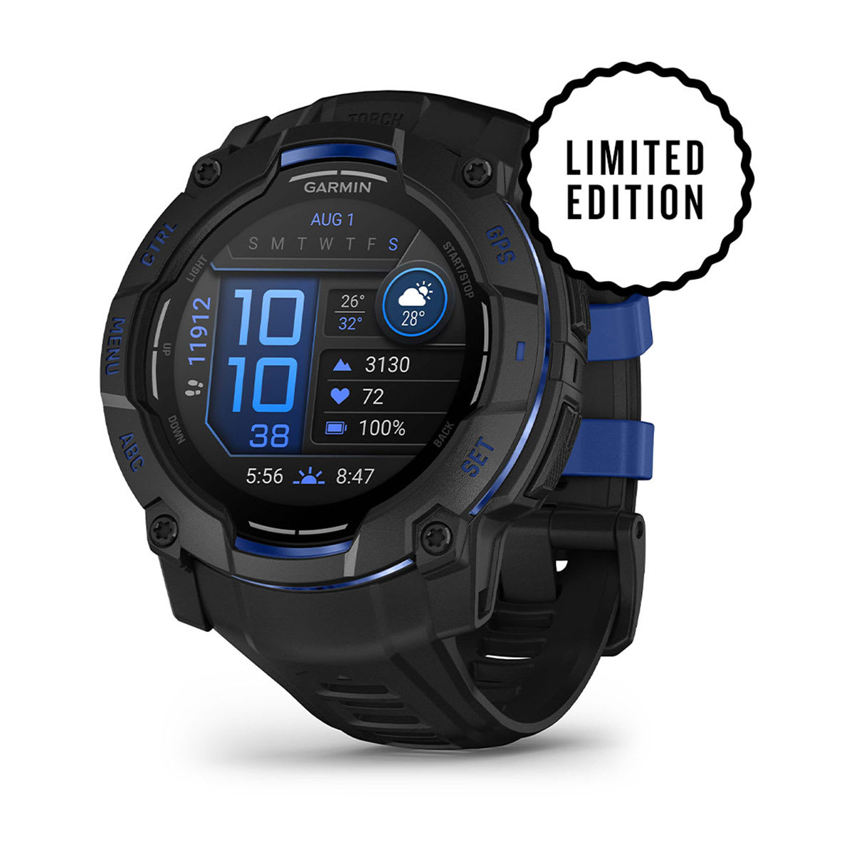 Instinct® 3 – 50 mm, AMOLED, Svart med Svart/Bolt Blue rem – Garmin