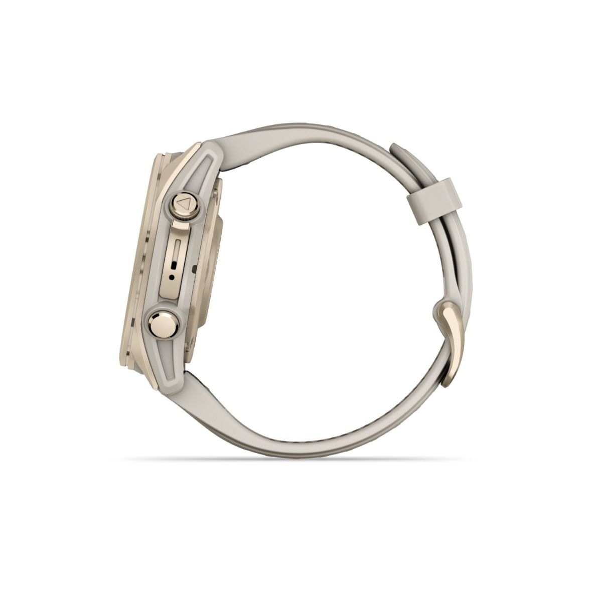fēnix® 8 – 43 mm, AMOLED, Sapphire, Soft Gold med Fog Grey/Dark Sandstone silikonarmband – Garmin
