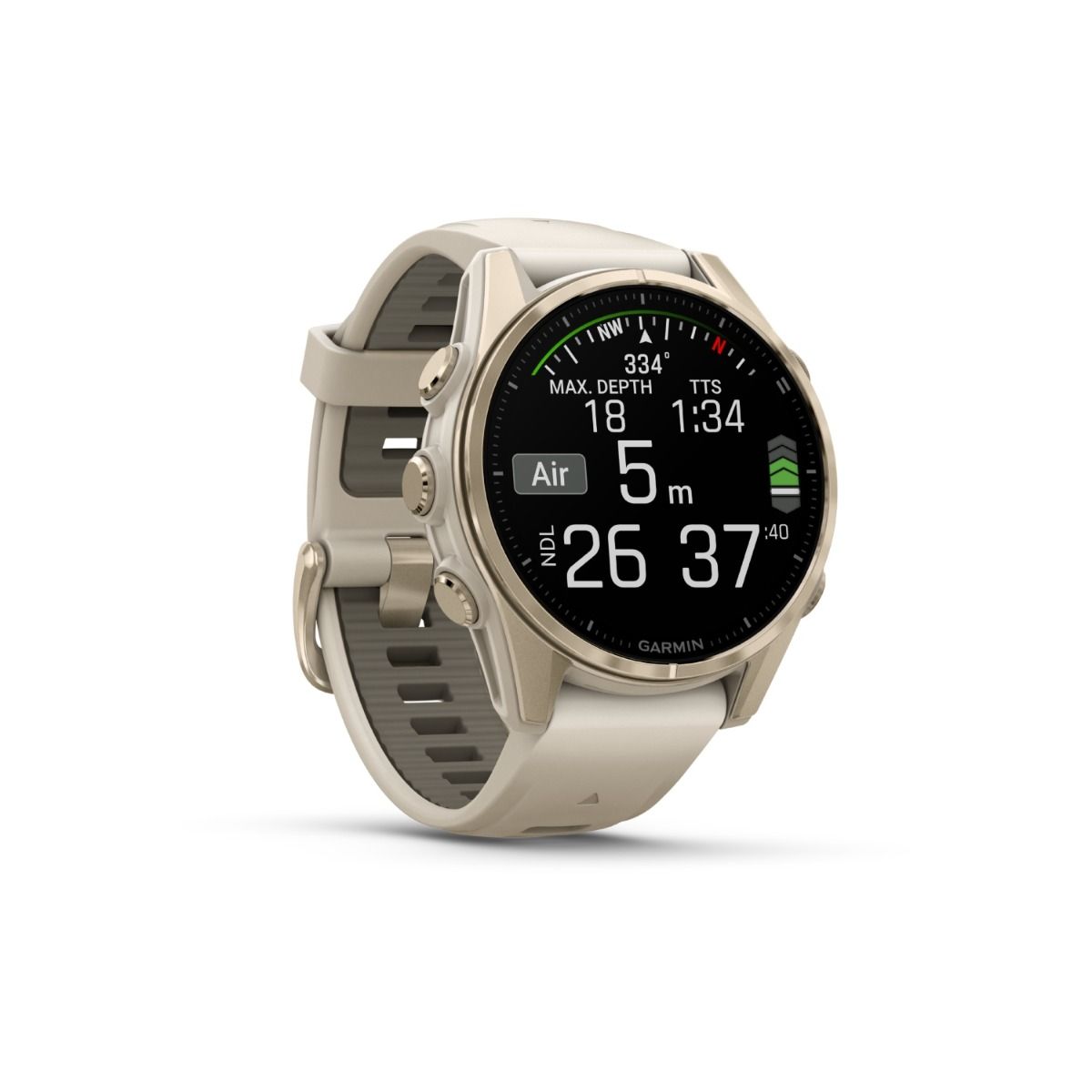 fēnix® 8 – 43 mm, AMOLED, Sapphire, Soft Gold med Fog Grey/Dark Sandstone silikonarmband – Garmin