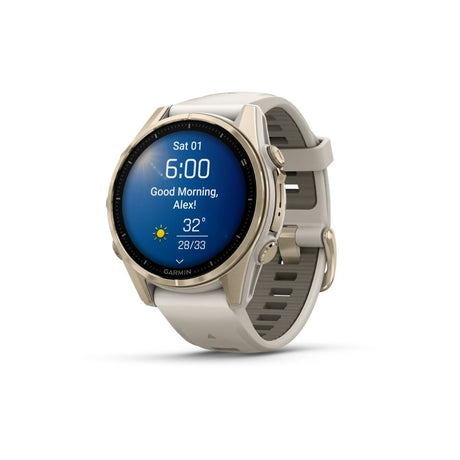 fēnix® 8 – 43 mm, AMOLED, Sapphire, Soft Gold med Fog Grey/Dark Sandstone silikonarmband – Garmin