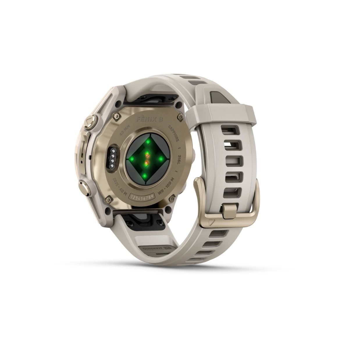 fēnix® 8 – 43 mm, AMOLED, Sapphire, Soft Gold med Fog Grey/Dark Sandstone silikonarmband – Garmin