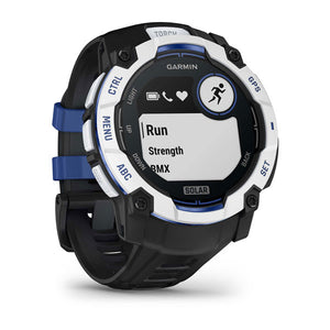 Instinct® 3 – 50 mm, Solar, Whitestone med Svart/Bolt Blue rem – Garmin