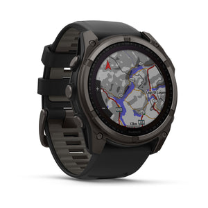 fēnix® 8 – 51 mm, Solar, Sapphire, Carbon Grey DLC-titanium med Svart/Pebble Grey silikonarmband – Garmin