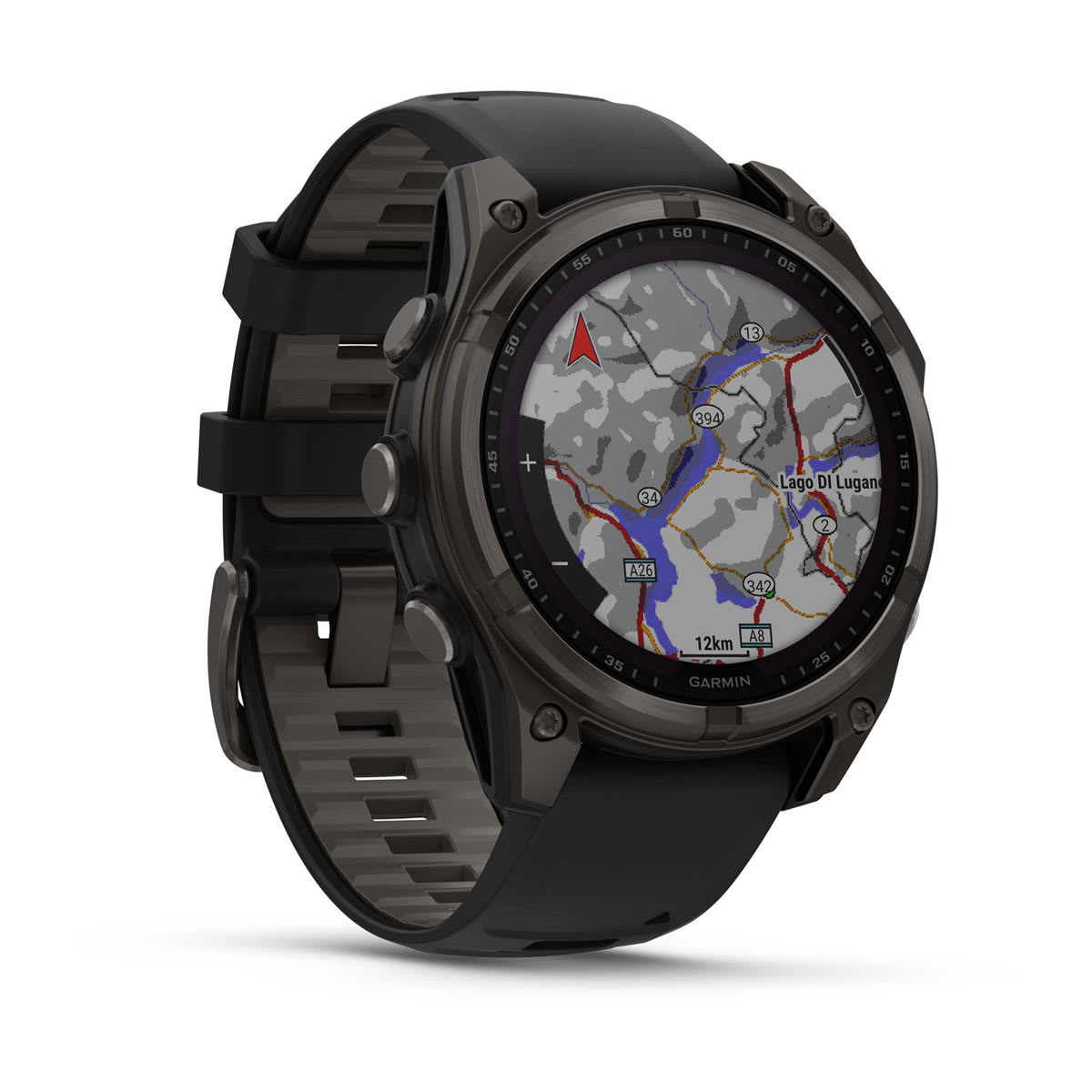 fēnix® 8 – 47 mm, Solar, Sapphire, Carbon Grey DLC-titanium med Svart/Pebble Grey silikonrem – Garmin