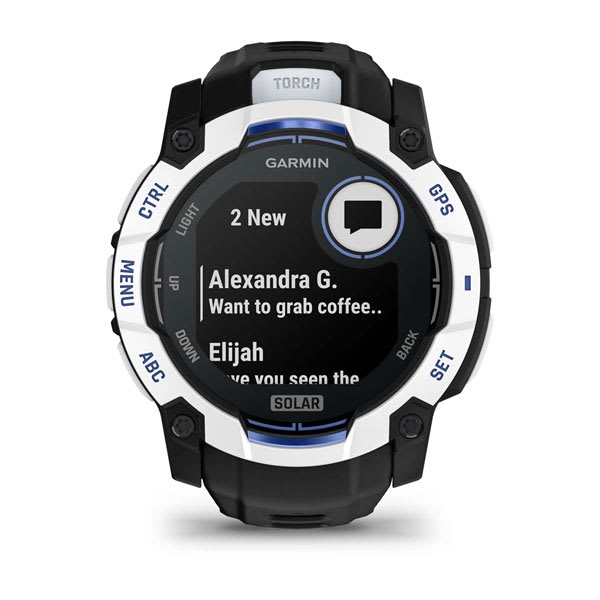 Instinct® 3 – 50 mm, Solar, Whitestone med Svart/Bolt Blue rem – Garmin