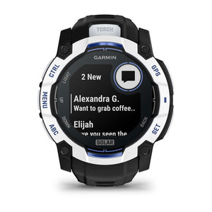Instinct® 3 – 50 mm, Solar, Whitestone med Svart/Bolt Blue rem – Garmin
