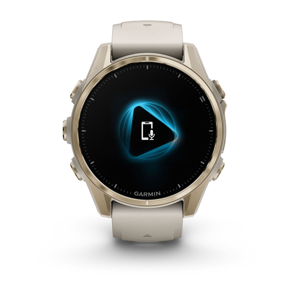 fēnix® 8 – 43 mm, AMOLED, Sapphire, Soft Gold med Fog Grey/Dark Sandstone silikonarmband – Garmin