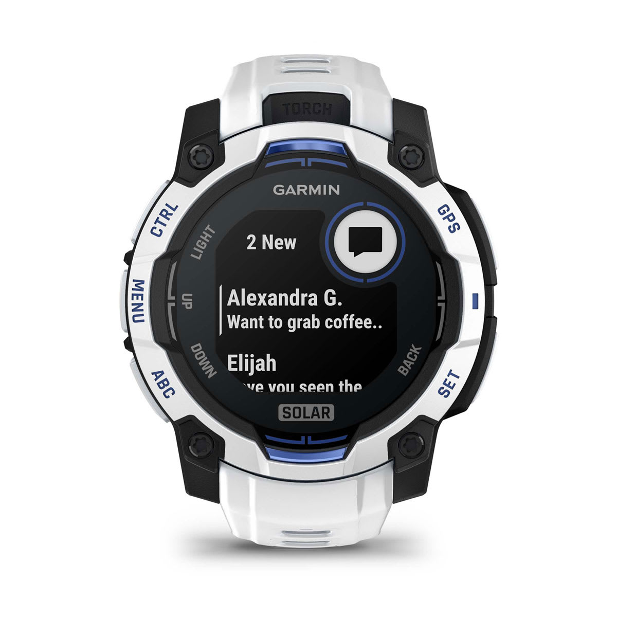 Instinct® 3 – 45 mm, Solar, Whitestone med Whitestone/Bolt Blue rem – Garmin
