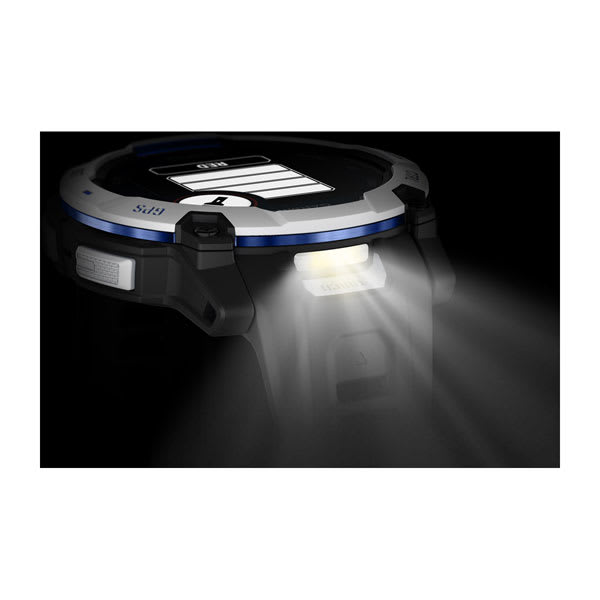 Instinct® 3 – 50 mm, Solar, Whitestone med Svart/Bolt Blue rem – Garmin