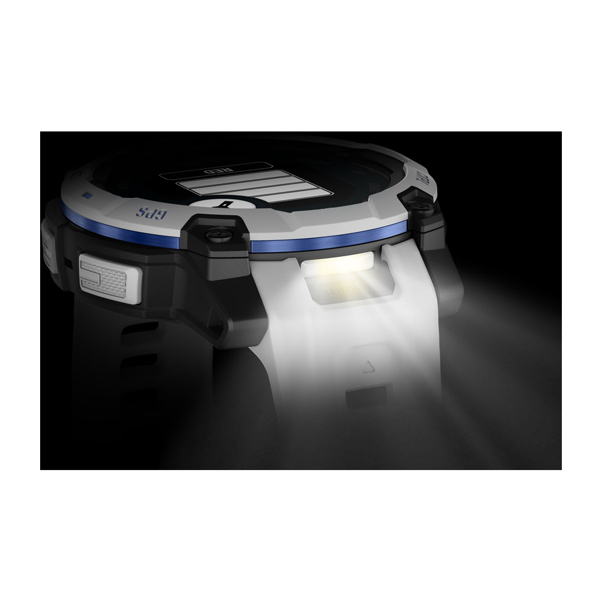 Instinct® 3 – 45 mm, Solar, Whitestone med Whitestone/Bolt Blue rem – Garmin