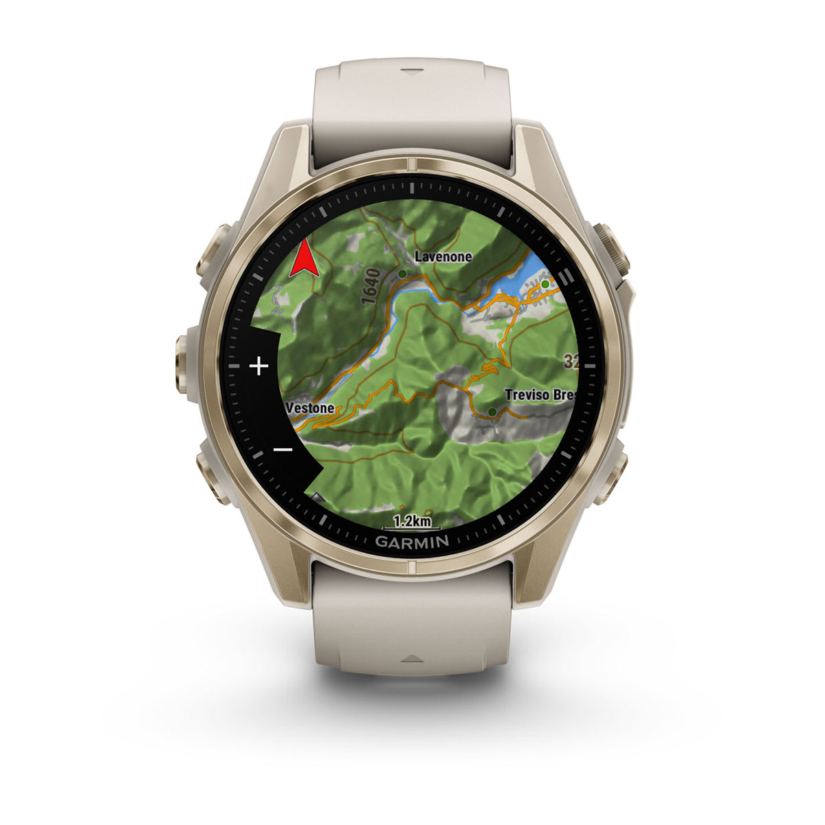 fēnix® 8 – 43 mm, AMOLED, Sapphire, Soft Gold med Fog Grey/Dark Sandstone silikonarmband – Garmin