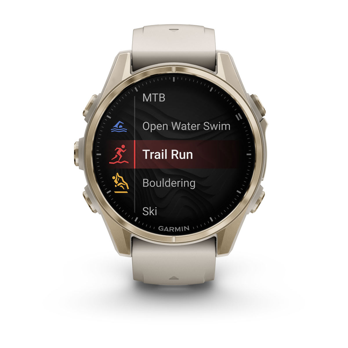 fēnix® 8 – 43 mm, AMOLED, Sapphire, Soft Gold med Fog Grey/Dark Sandstone silikonarmband – Garmin