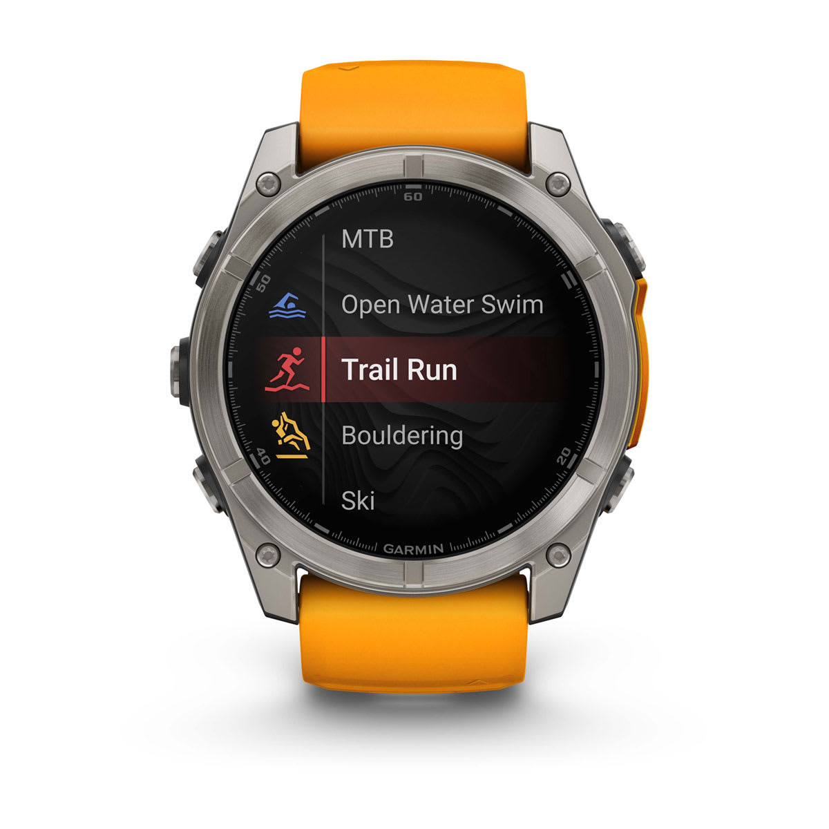 fēnix® 8 – 51 mm, AMOLED, Sapphire, Titanium med Spark Orange/Graphite silikonarmband – Garmin