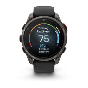 fēnix® 8 Pro – 47 mm, AMOLED, Sapphire, Carbon Grey DLC-titanium med Svart/Pebble Grey silikonarmband – Garmin