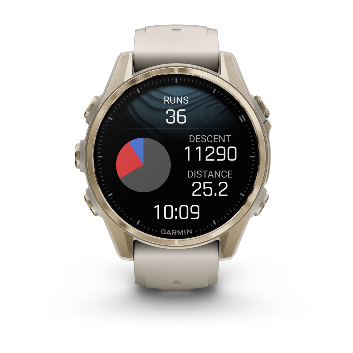 fēnix® 8 – 43 mm, AMOLED, Sapphire, Soft Gold med Fog Grey/Dark Sandstone silikonarmband – Garmin