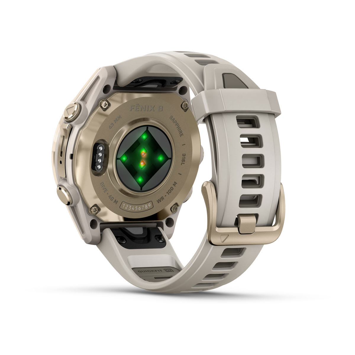 fēnix® 8 – 43 mm, AMOLED, Sapphire, Soft Gold med Fog Grey/Dark Sandstone silikonarmband – Garmin