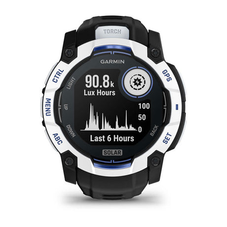 Instinct® 3 – 50 mm, Solar, Whitestone med Svart/Bolt Blue rem – Garmin