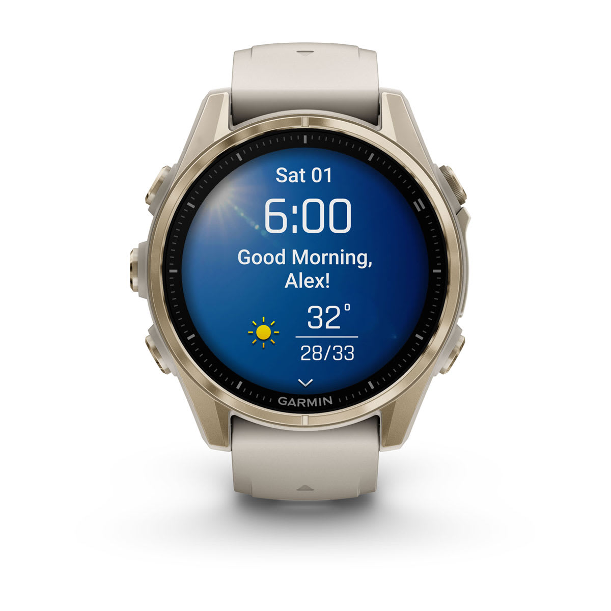 fēnix® 8 – 43 mm, AMOLED, Sapphire, Soft Gold med Fog Grey/Dark Sandstone silikonarmband – Garmin